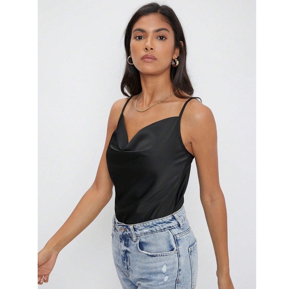 Black Glamorous Cowl Neck Spaghetti Straps Camisole Top Cami, Draped - Picture 2 of 10